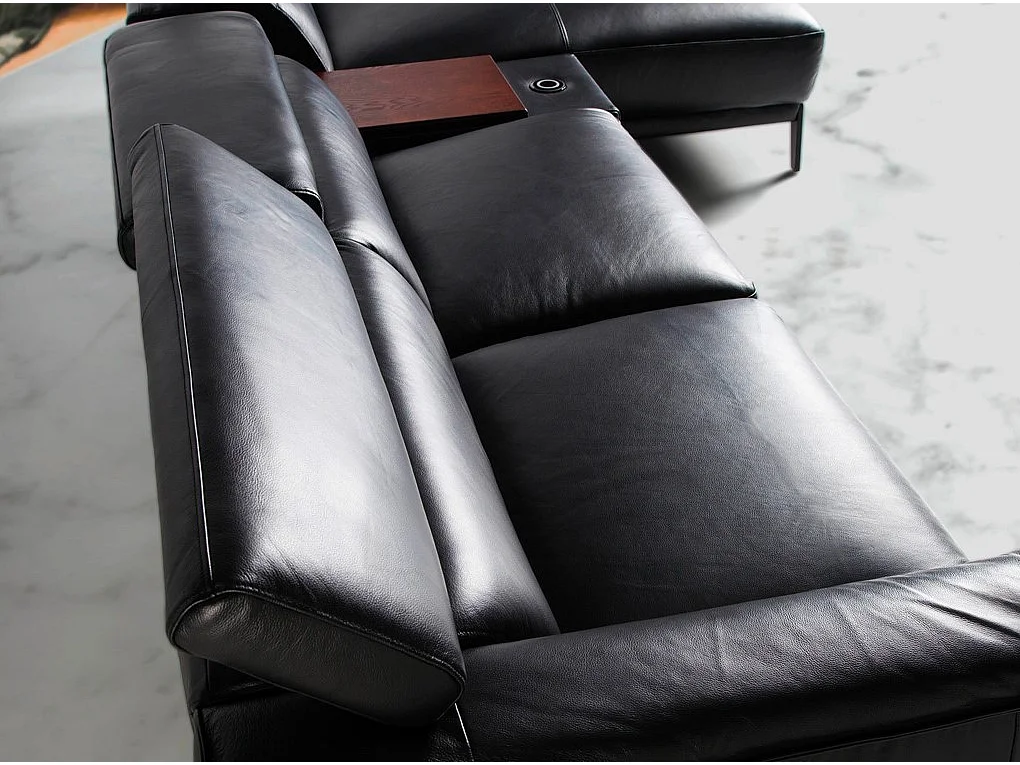 Canapé d'angle droit cuir noir et pieds acier inoxydable Alavy