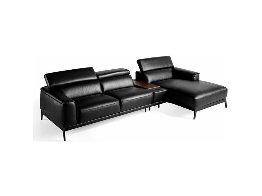 Canapé d'angle droit cuir noir et pieds acier inoxydable Alavy