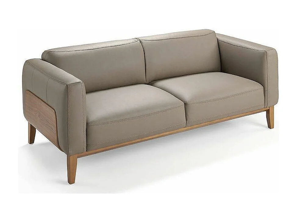 Canapé 3 places cuir taupe et pieds bois pin Kina-Couleur Cuir Piel crema