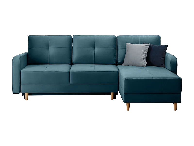 Sofá esquinero convertible y reversible de tela KINDO - Patas de madera clara-Color Azul pato