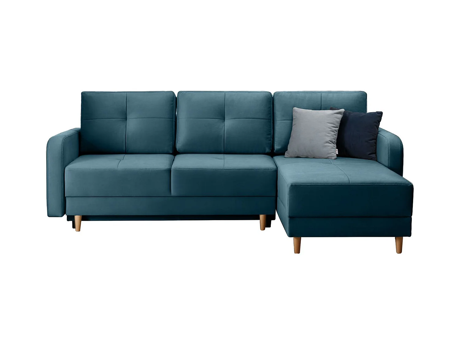 Scandinavische omkeerbare hoekbank in eendblauwe stof en licht hout Kindo 240 cm