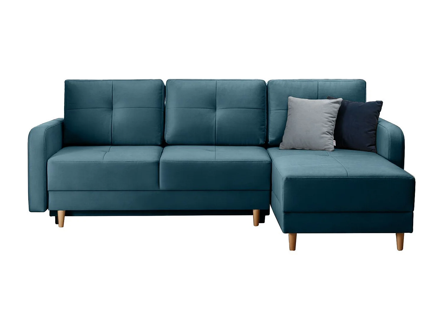 Canapé d'angle convertible et réversible tissu KINDO - Pieds bois clair-Bleu canard