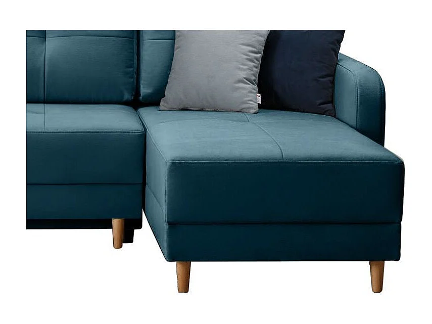 Canapé d'angle convertible et réversible tissu KINDO - Pieds bois clair-Bleu canard