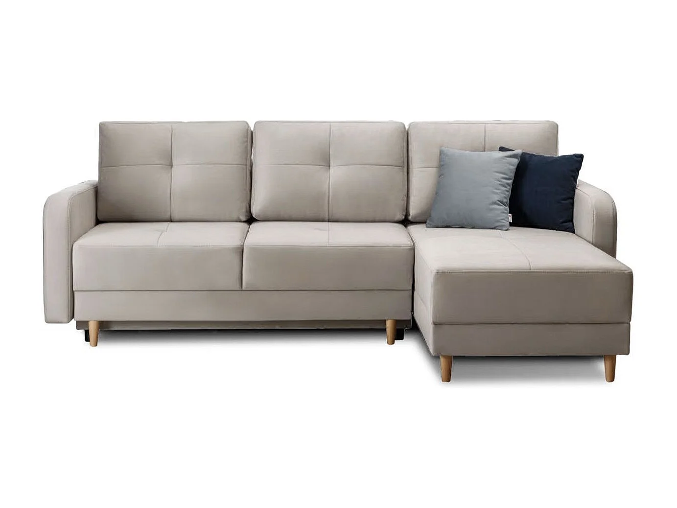 Canapé d'angle convertible et réversible tissu KINDO - Pieds bois clair-Bleu canard