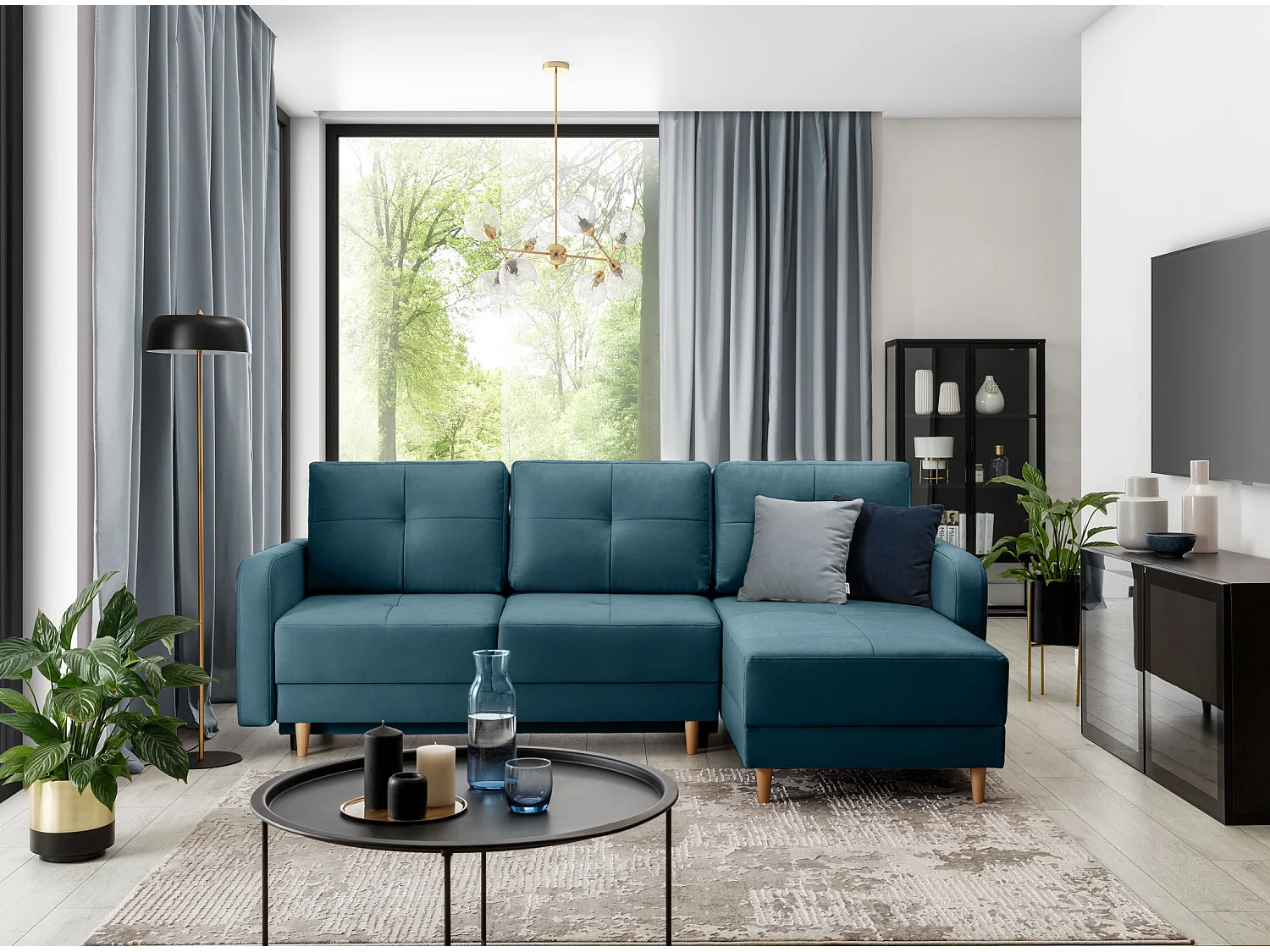 KINDO omkeerbare en omkeerbare stoffen hoekbank - Lichte houten poten-Blauwe Eend