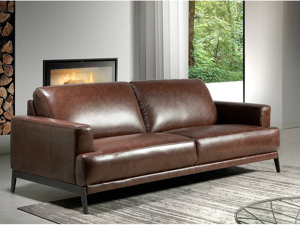 Yaro 3-zits leren bank en zwarte RVS poten-Kleur Leren Piel mostaza