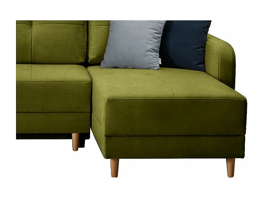 Canapé angle réversible Scandinave velours vert olive et pieds bois clair Kindo 240cm