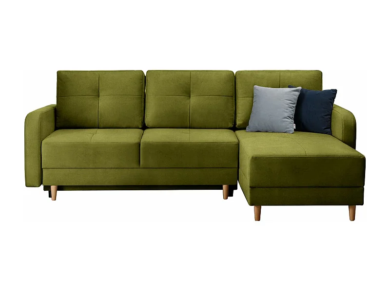 Canapé angle réversible Scandinave velours vert olive et pieds bois clair Kindo 240cm