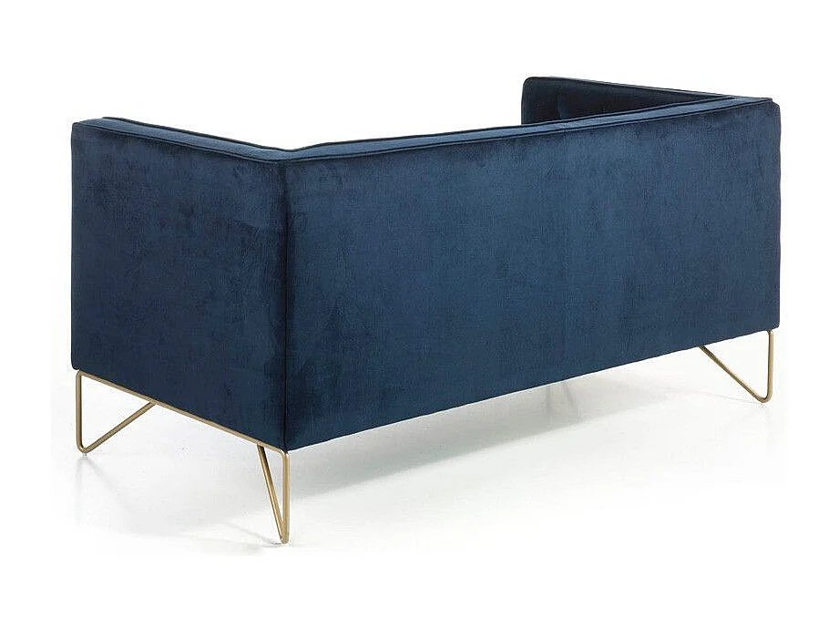 Canapé 2 places effet velours bleu et pieds métal doré Arkane