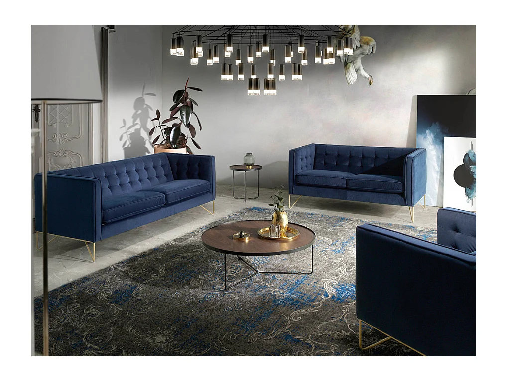 2-zitsbank in blauw fluweeleffect en goudkleurige metalen poten Arkane