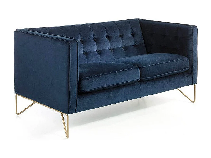 Canapé 2 places effet velours bleu et pieds métal doré Arkane