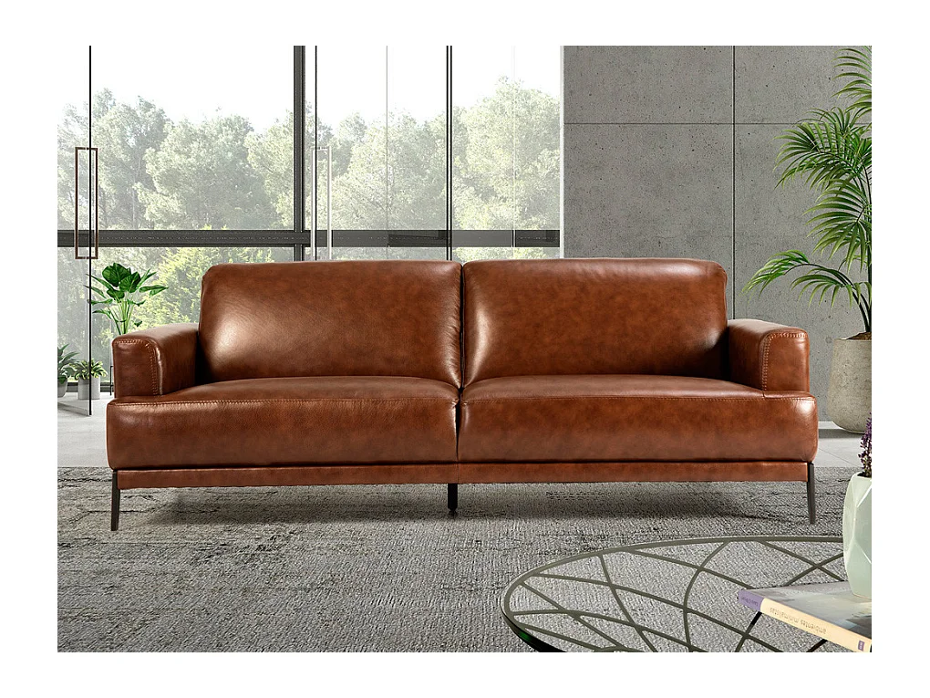 Yaro 3-zits leren bank en zwarte RVS poten-Kleur Parel leer