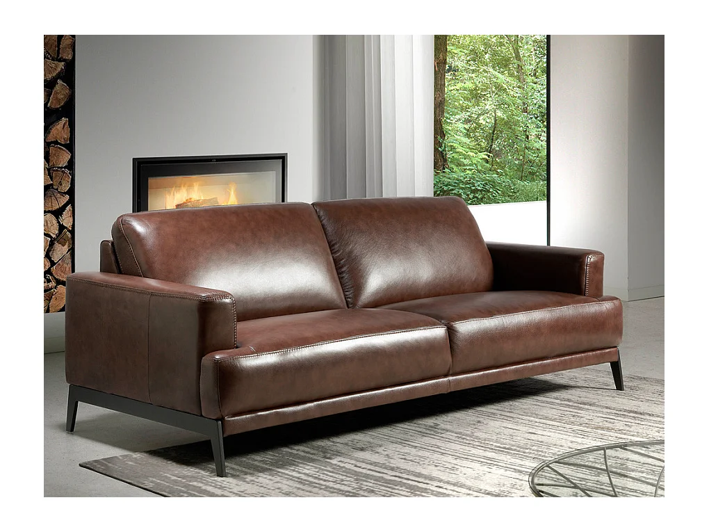 Yaro 3-zits leren bank en zwarte RVS poten-Kleur Parel leer