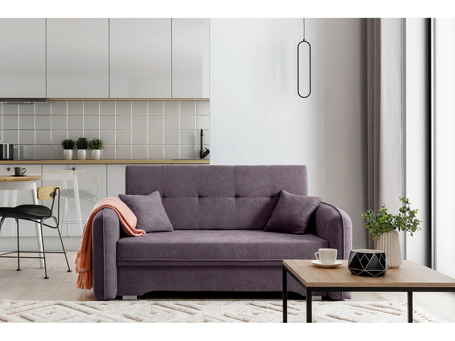 Petit canapé convertible original tissu violet Lany 155cm