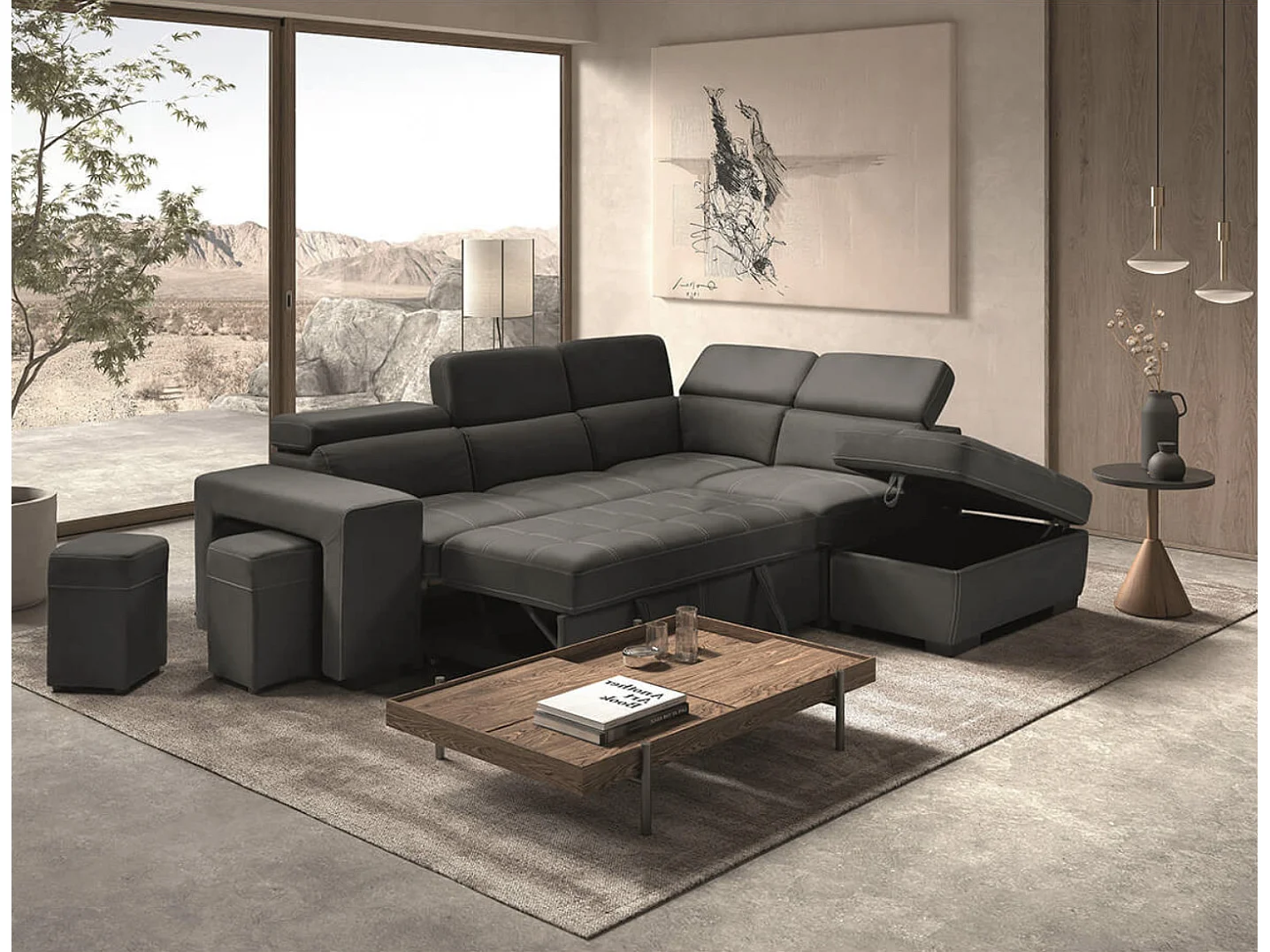 Canapé d'angle en microfibre avec 2 poufs et 1 coffre Selina-Couleur Gris foncé-angle droit