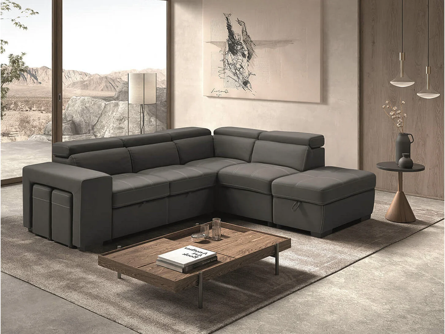 Canapé d'angle en microfibre avec 2 poufs et 1 coffre Selina-Couleur Gris foncé-angle droit