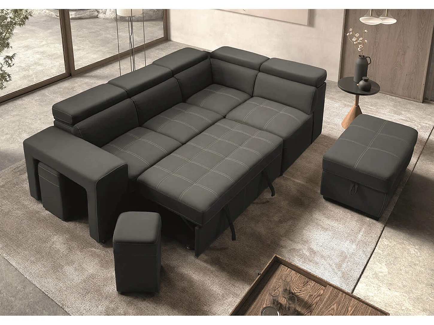 Hoekbank van microvezel met 2 poefs en 1 Selina ladekast-Kleur Donkergrijs-juiste hoek