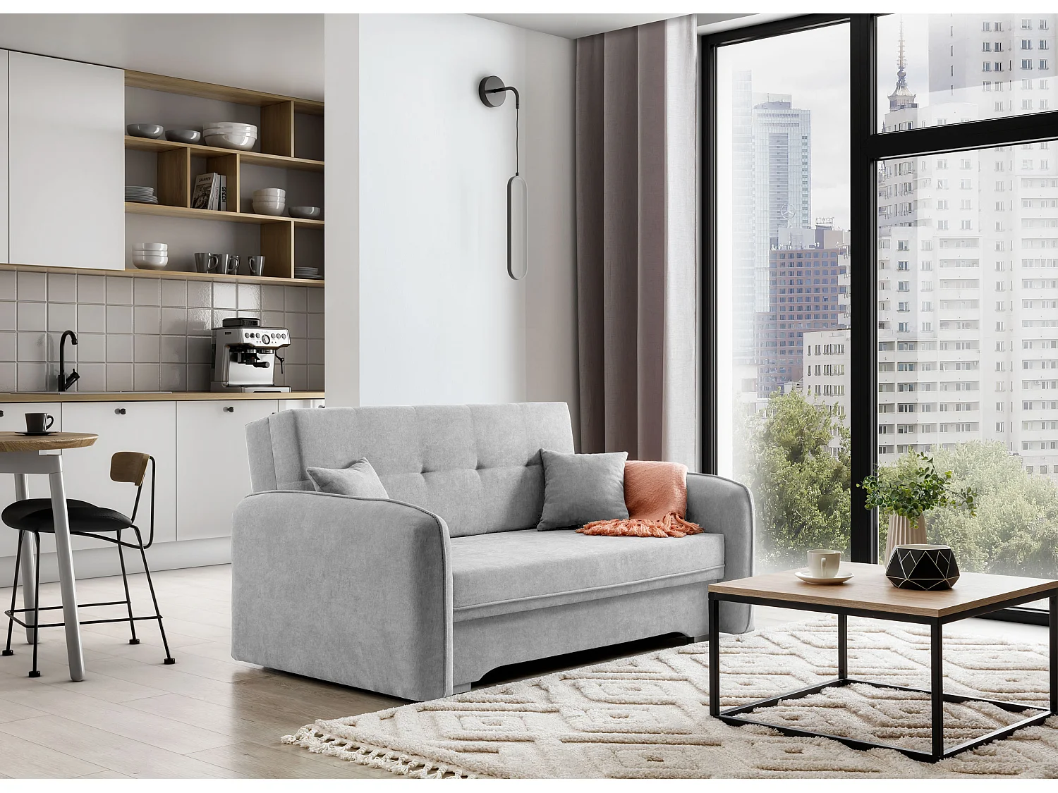 Petit canapé convertible original tissu gris clair Lany 155cm