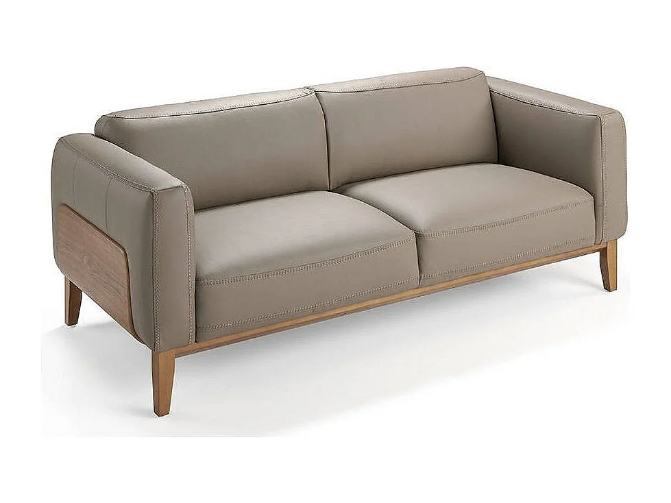 3-zitsbank in taupe leer en grenenhouten poten Kina-Kleur Koffiehuidleer