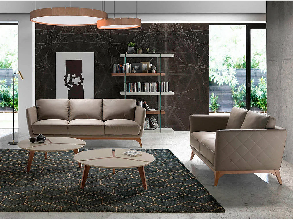 Canapé 2 places contemporain cuir capitonné et bois noyer Kila-Couleur Aqua 68 Bleu foncé