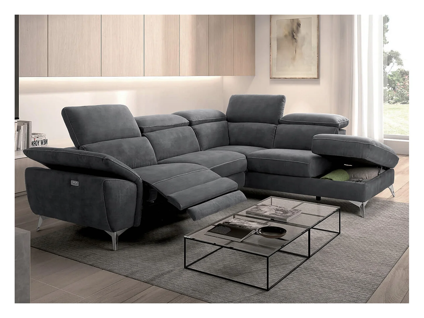 Skina microvezel elektrische relaxhoekbank-Kleur Lichtgrijs-linkerhoek