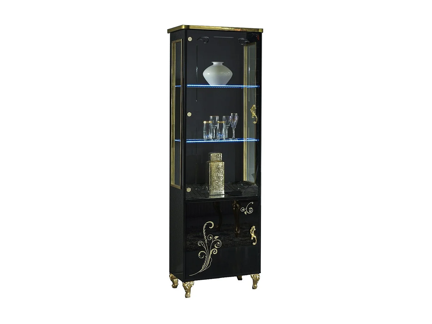 LED-vitrine met 2 deuren in glanzend zwart en goudgelakt hout Jade 60 cm