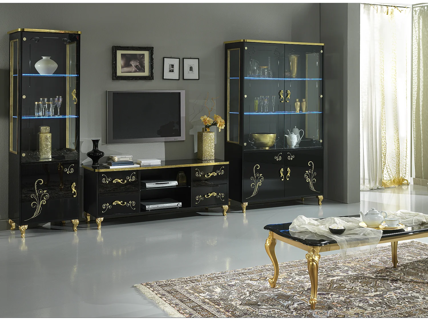 Vitrine à LED 2 portes bois vernis brillant noir et doré Jade 60cm