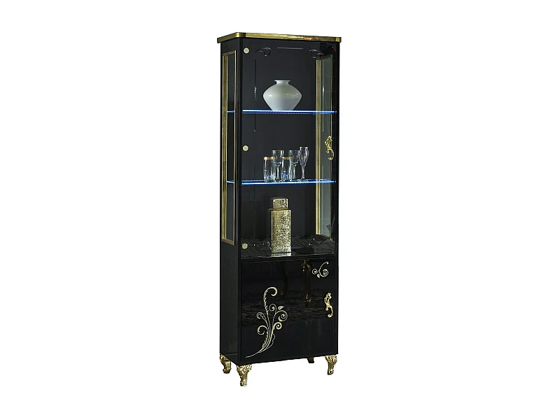 Vitrine à LED 2 portes bois vernis brillant noir et doré Jade 60cm