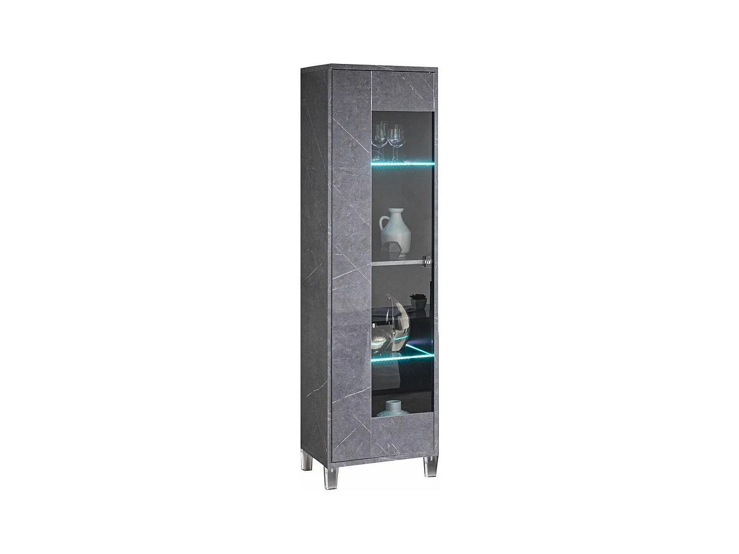 Vitrine 1 porte à Led bois gris effet marbre vernis et verre trempé Botela 52cm