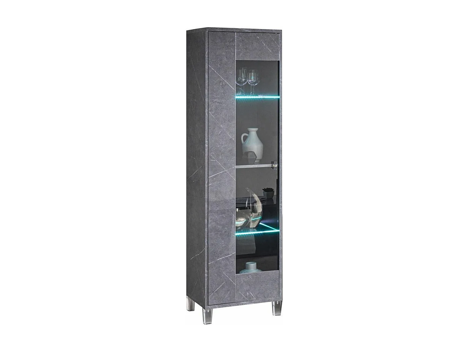Vitrine 1 porte à Led bois gris effet marbre vernis et verre trempé Botela 52cm