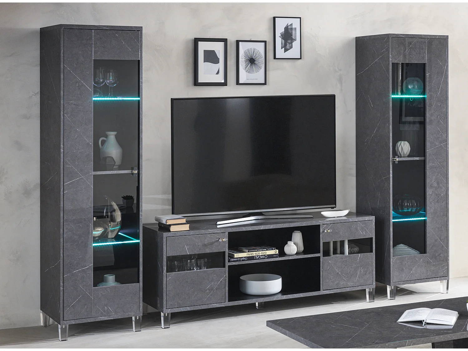 Vitrine 1 porte à Led bois gris effet marbre vernis et verre trempé Botela 52cm