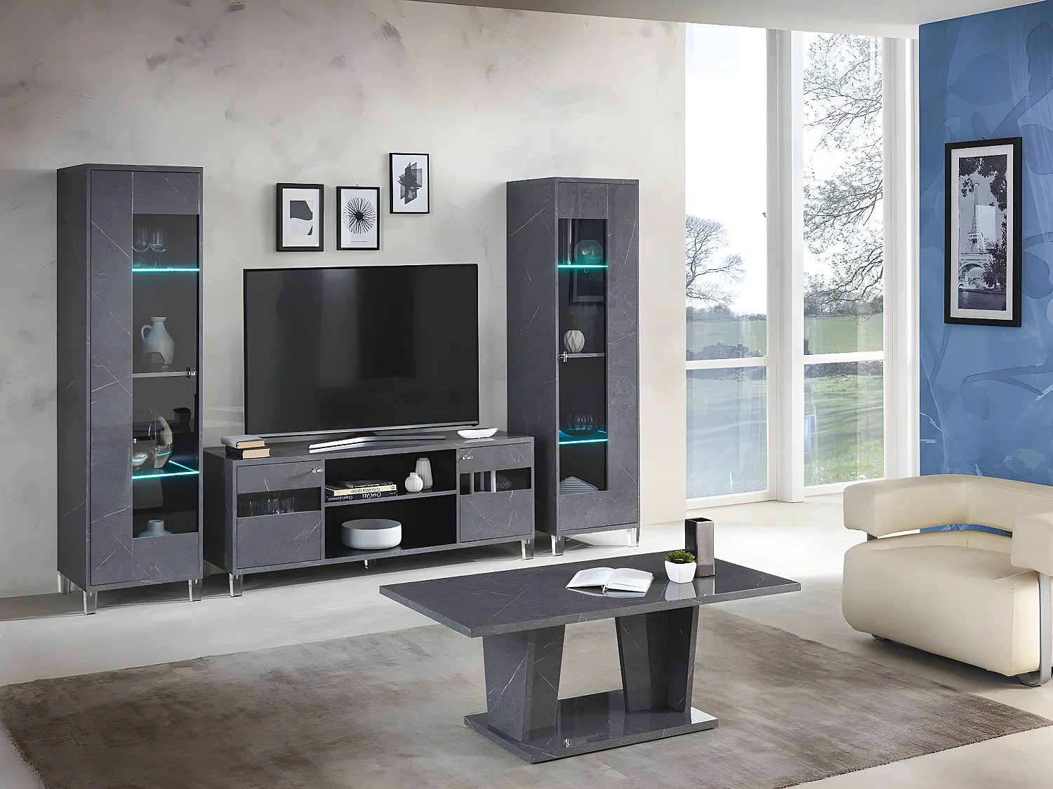 Vitrine 1 porte à Led bois gris effet marbre vernis et verre trempé Botela 52cm