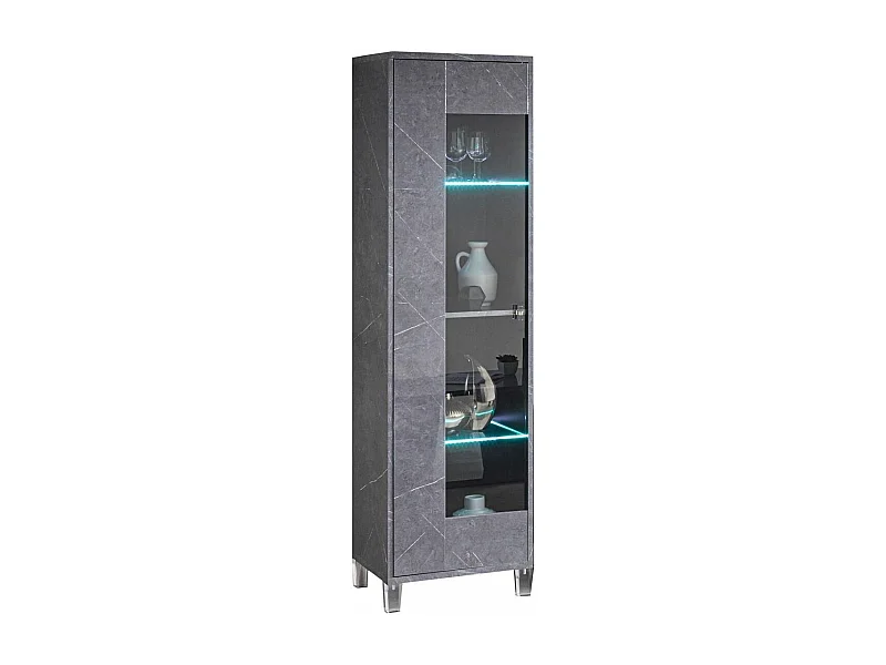 Vitrine 1 porte à Led bois gris effet marbre vernis et verre trempé Botela 52cm