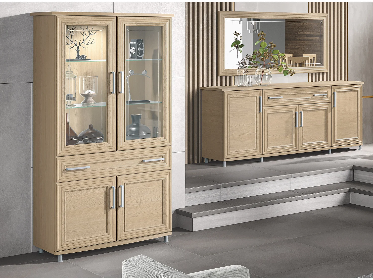 Vitrine moderne 4 portes 1 tiroir chêne clair Italino 105cm