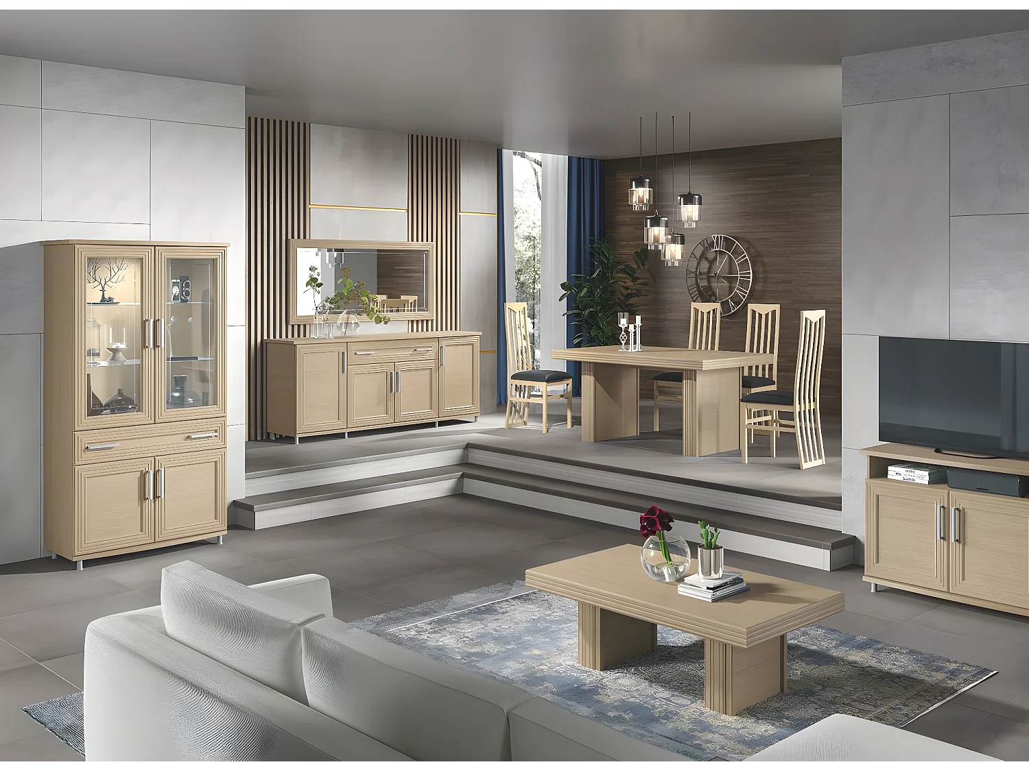 Vitrine moderne 4 portes 1 tiroir chêne clair Italino 105cm