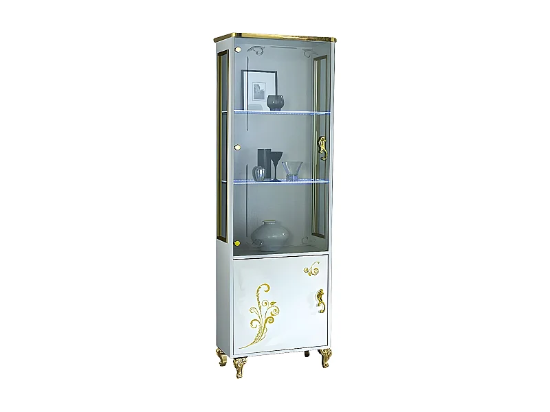 Vitrine à LED 2 portes bois vernis brillant blanc et doré Jade 60cm