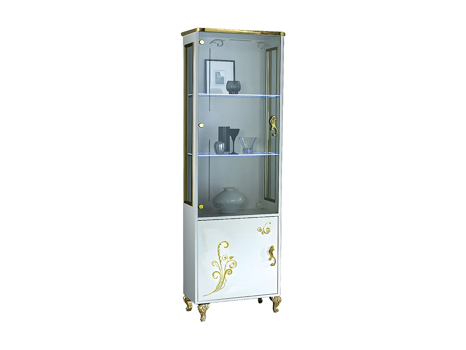 Vitrine à LED 2 portes bois vernis brillant blanc et doré Jade 60cm