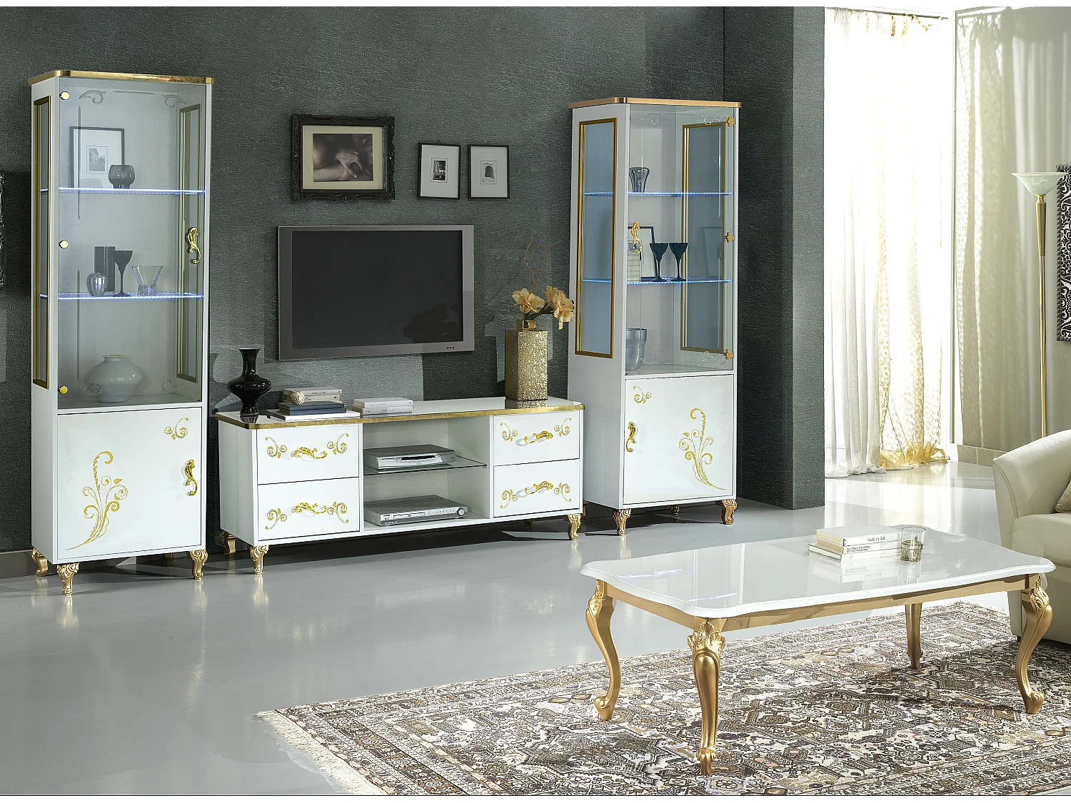 Vitrine à LED 2 portes bois vernis brillant blanc et doré Jade 60cm