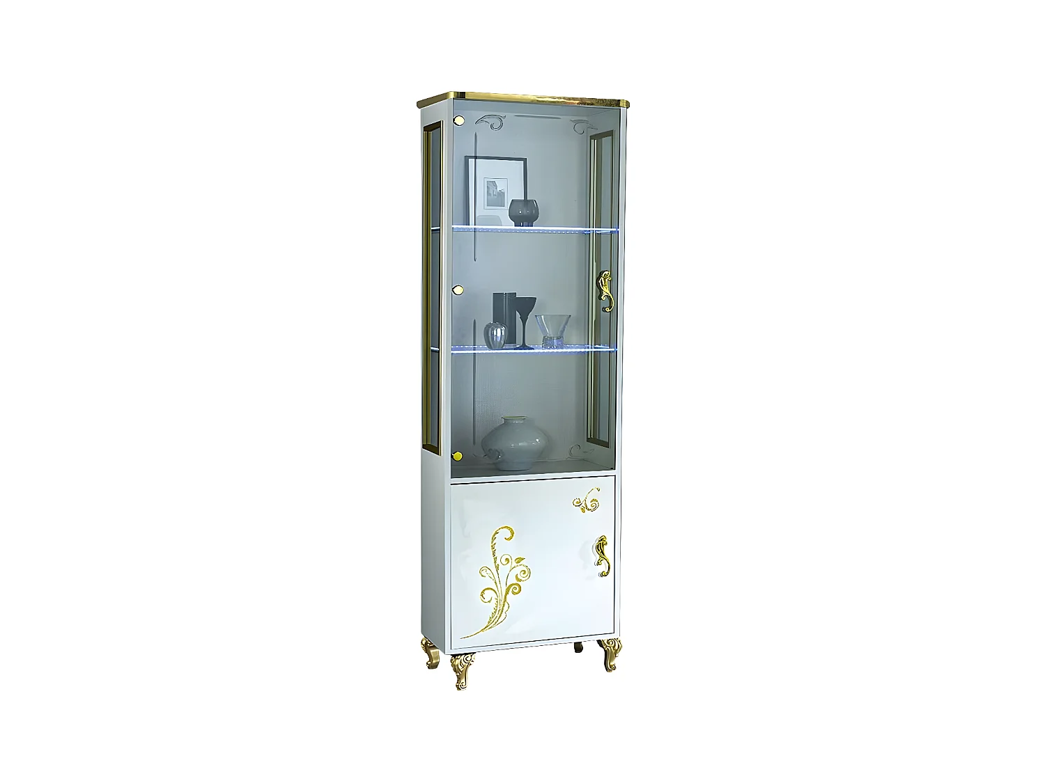 Vitrine à LED 2 portes bois vernis brillant blanc et doré Jade 60cm