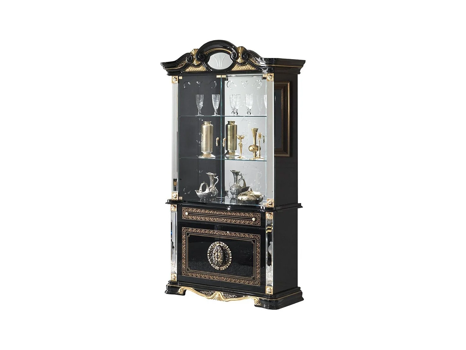 Vitrine 4 portes 1 tiroir bois vernis laqué brillant noir et doré Lesly 105cm