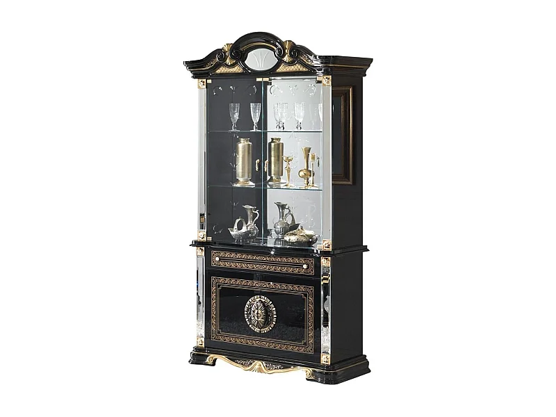 Vitrine 4 portes 1 tiroir bois vernis laqué brillant noir et doré Lesly 105cm