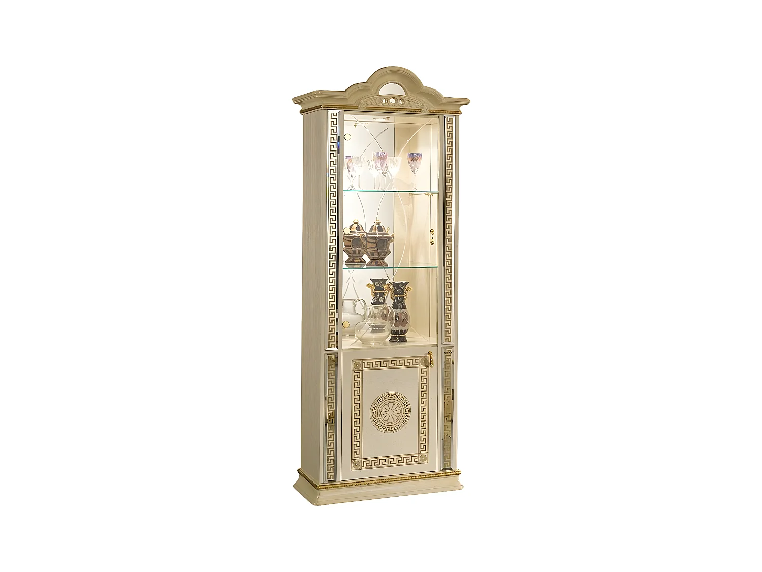 Vitrine 2 portes bois vernis laqué brillant beige et doré Venus 78cm