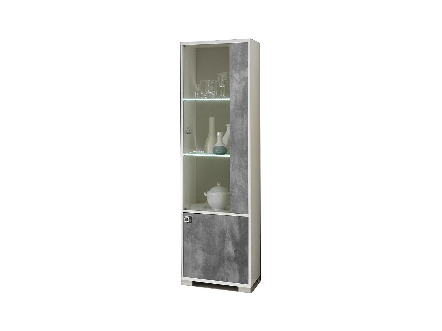 Vitrine moderne 1 porte vitrée à Led gris béton et blanc brillant Sting 60cm