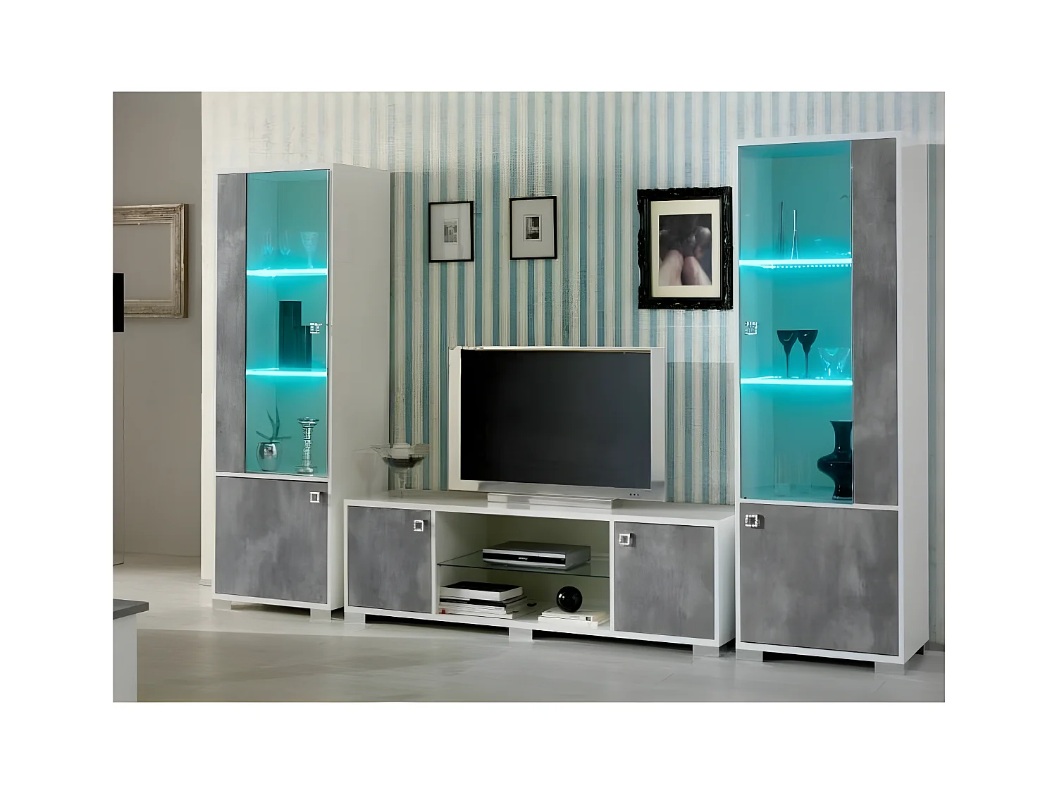 Vitrine moderne 1 porte vitrée à Led gris béton et blanc brillant Sting 60cm