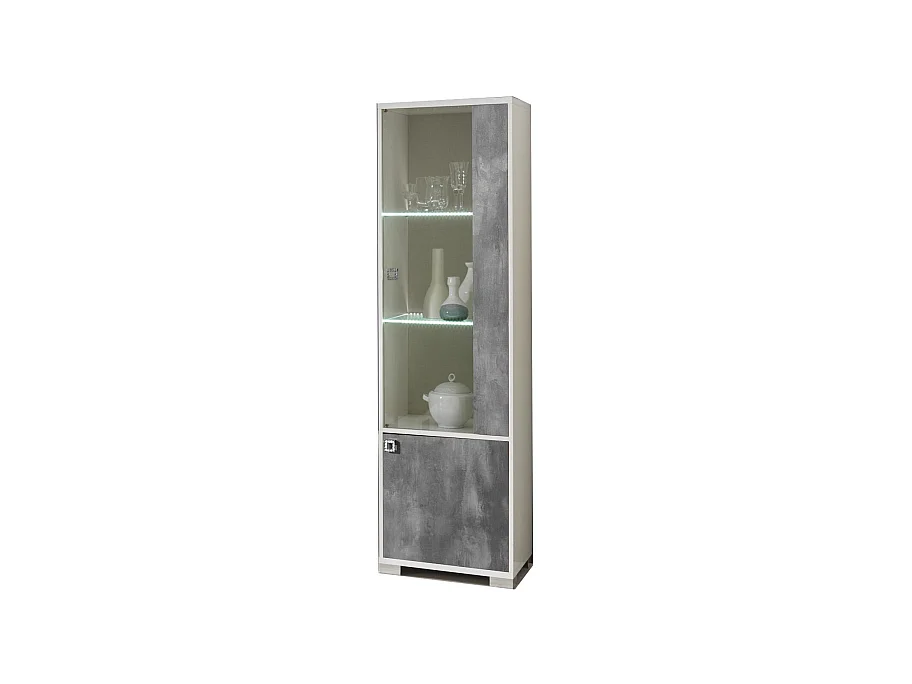 Vitrine moderne 1 porte vitrée à Led gris béton et blanc brillant Sting 60cm