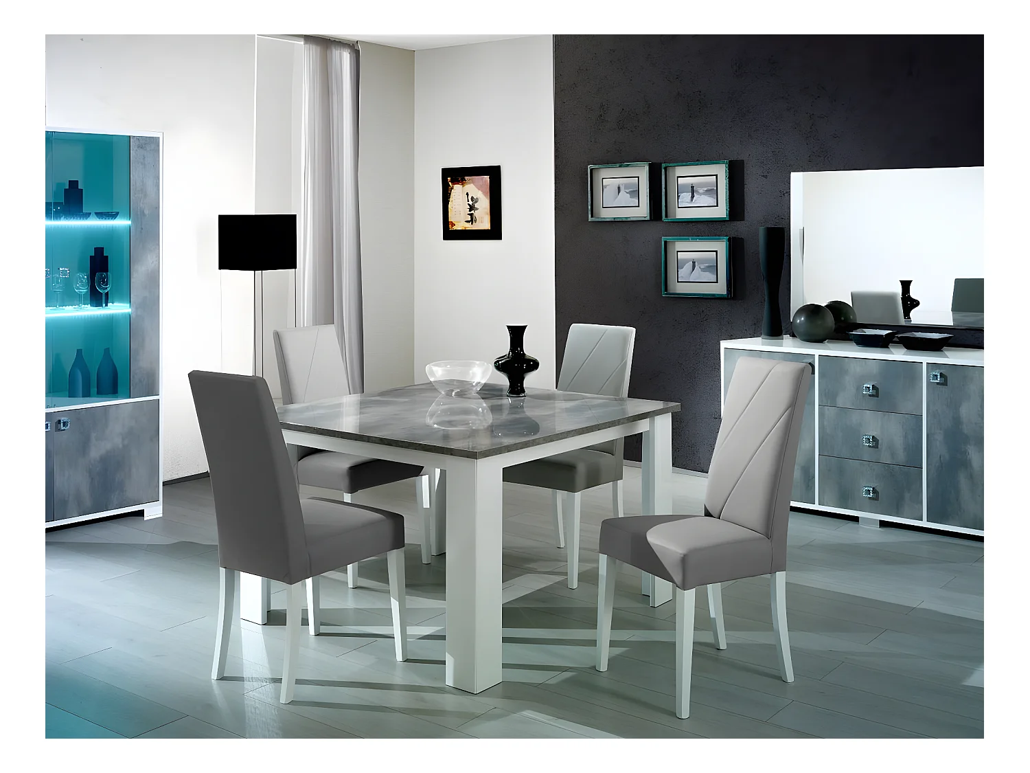 Vitrine moderne 1 porte vitrée à Led gris béton et blanc brillant Sting 60cm