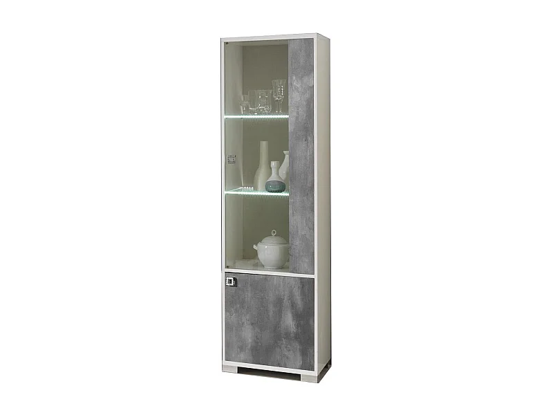 Vitrine moderne 1 porte vitrée à Led gris béton et blanc brillant Sting 60cm