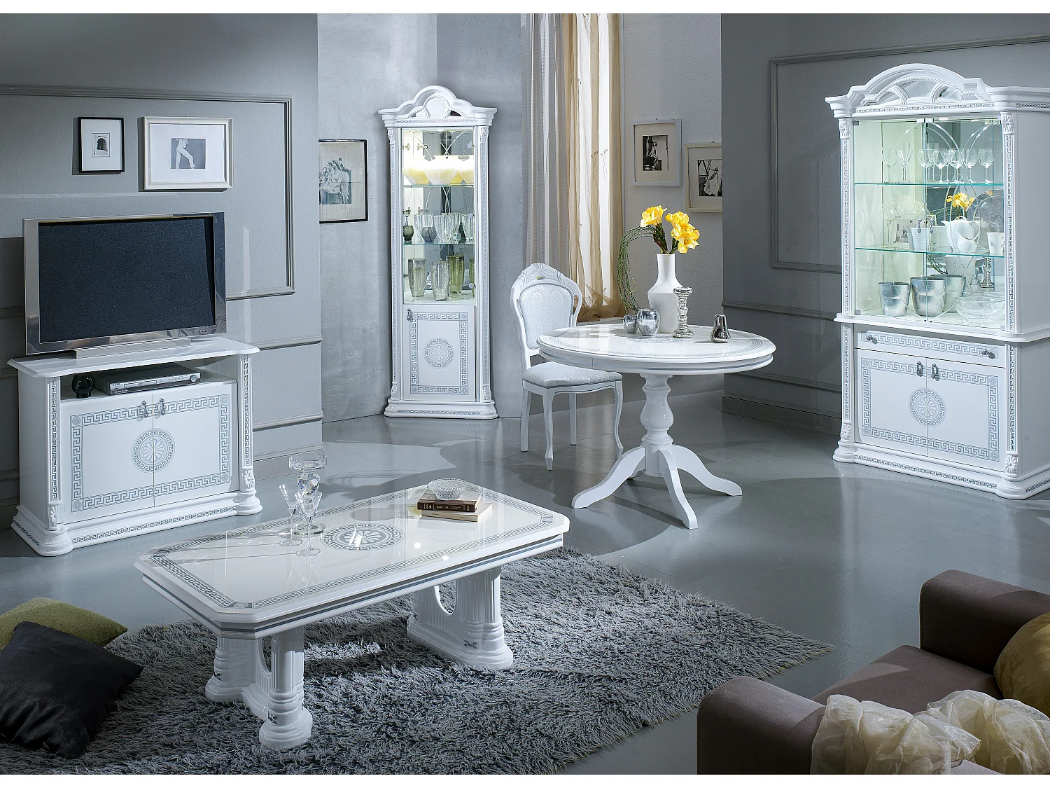 Vitrine d'angle bois vernis laqué brillant blanc et gris Venus 64cm