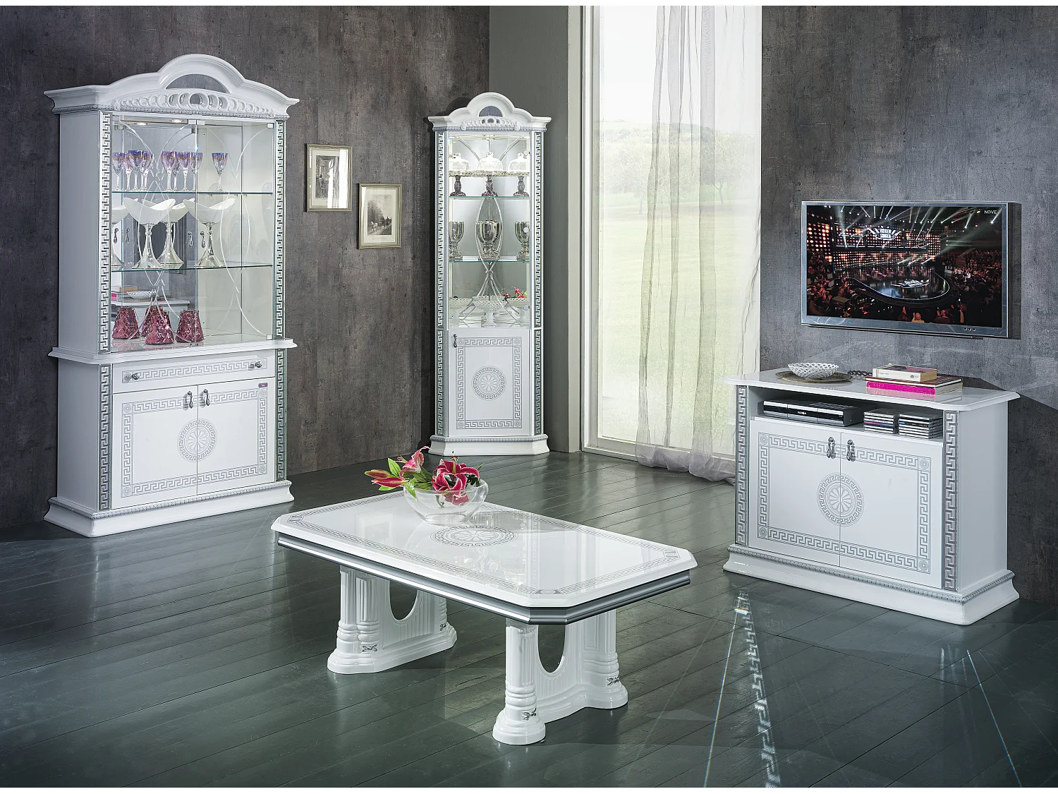 Vitrine d'angle bois vernis laqué brillant blanc et gris Venus 64cm