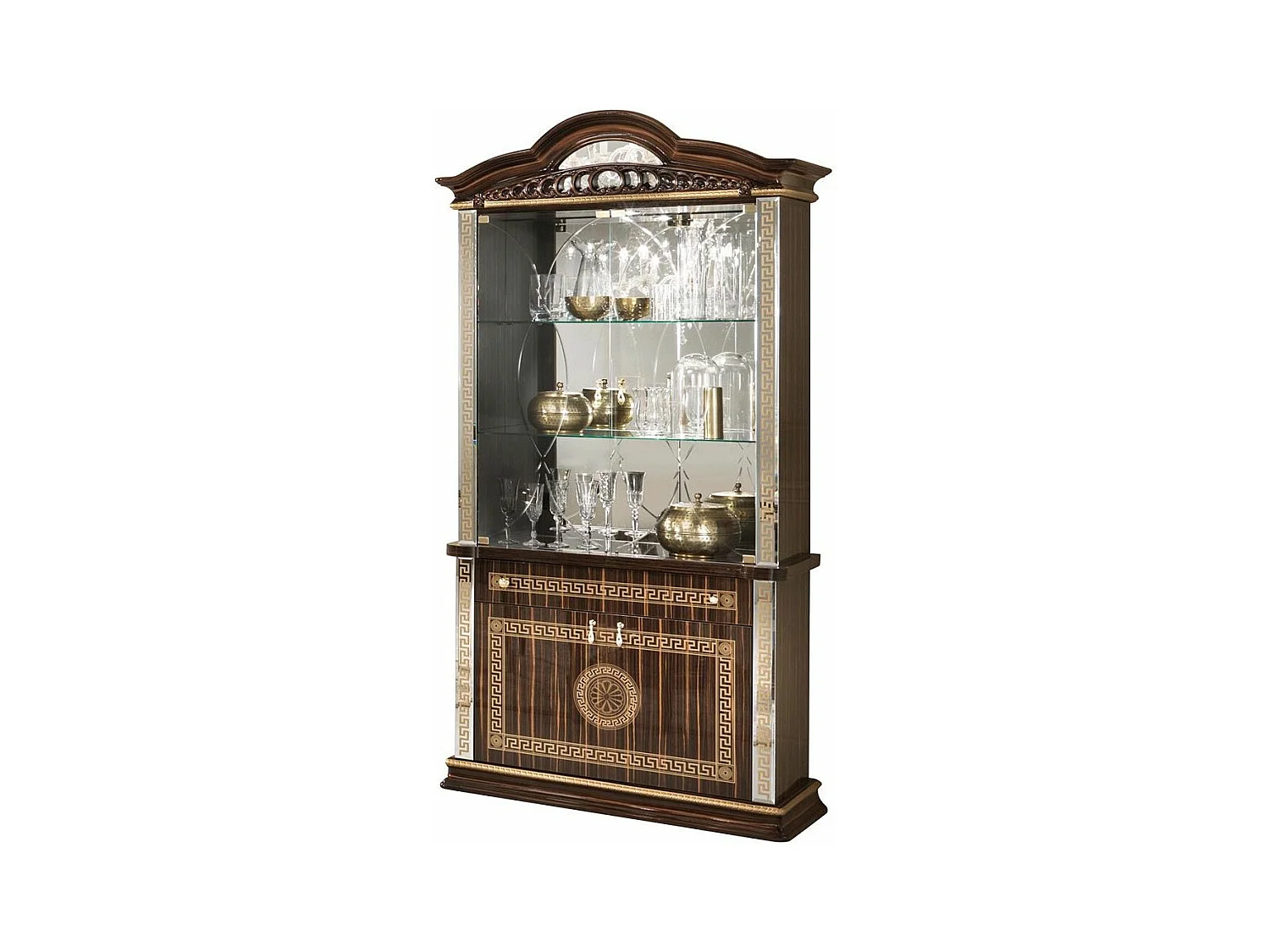 Vitrine 4 portes 1 tiroir bois vernis laqué brillant marron et doré Venus 105cm
